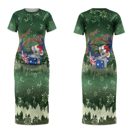 Aussie Festive Koala Christmas Couples Matching Short Sleeve Bodycon Dress and Long Sleeve Button Shirt Koala-ty Time Flag Hammock Green Style