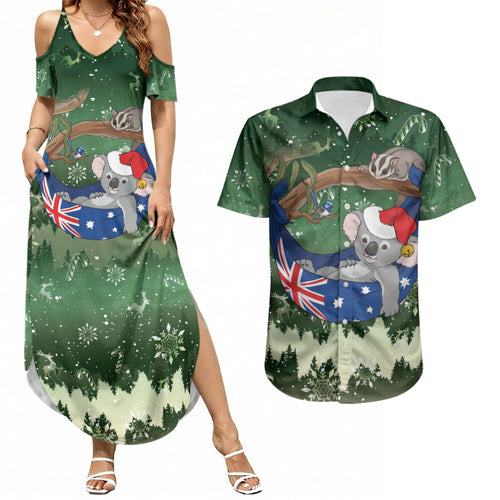 Aussie Festive Koala Christmas Couples Matching Summer Maxi Dress and Hawaiian Shirt Koala-ty Time Flag Hammock Green Style
