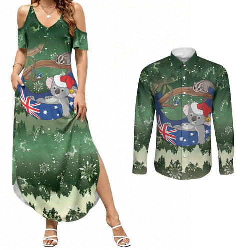 Aussie Festive Koala Christmas Couples Matching Summer Maxi Dress and Long Sleeve Button Shirt Koala-ty Time Flag Hammock Green Style