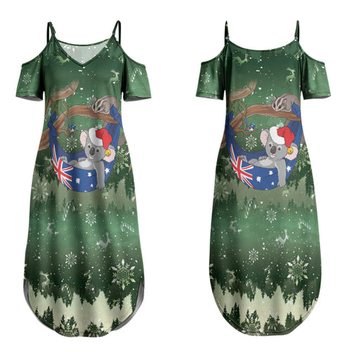Aussie Festive Koala Christmas Couples Matching Summer Maxi Dress and Long Sleeve Button Shirt Koala-ty Time Flag Hammock Green Style
