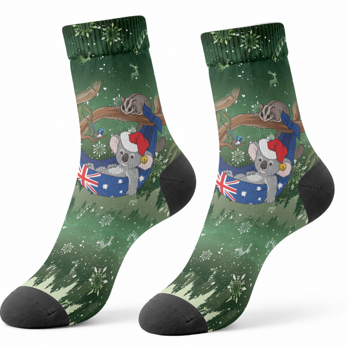 Aussie Festive Koala Christmas Crew Socks Koala-ty Time Flag Hammock Green Style