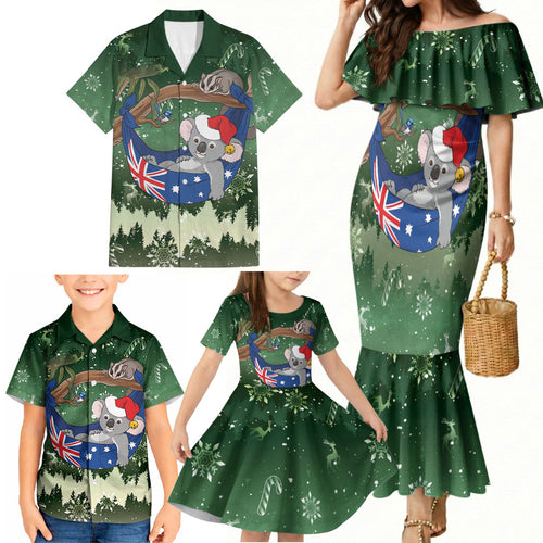 Aussie Festive Koala Christmas Family Matching Mermaid Dress and Hawaiian Shirt Koala-ty Time Flag Hammock Green Style