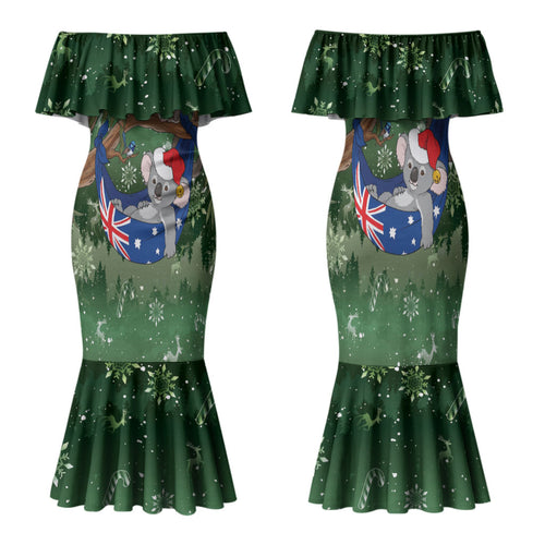 Aussie Festive Koala Christmas Family Matching Mermaid Dress and Hawaiian Shirt Koala-ty Time Flag Hammock Green Style