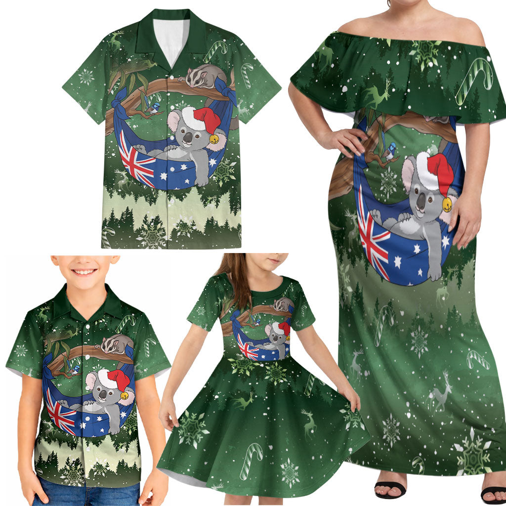 Aussie Festive Koala Christmas Family Matching Off Shoulder Maxi Dress and Hawaiian Shirt Koala-ty Time Flag Hammock Green Style