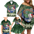 Aussie Festive Koala Christmas Family Matching Off Shoulder Short Dress and Hawaiian Shirt Koala-ty Time Flag Hammock Green Style