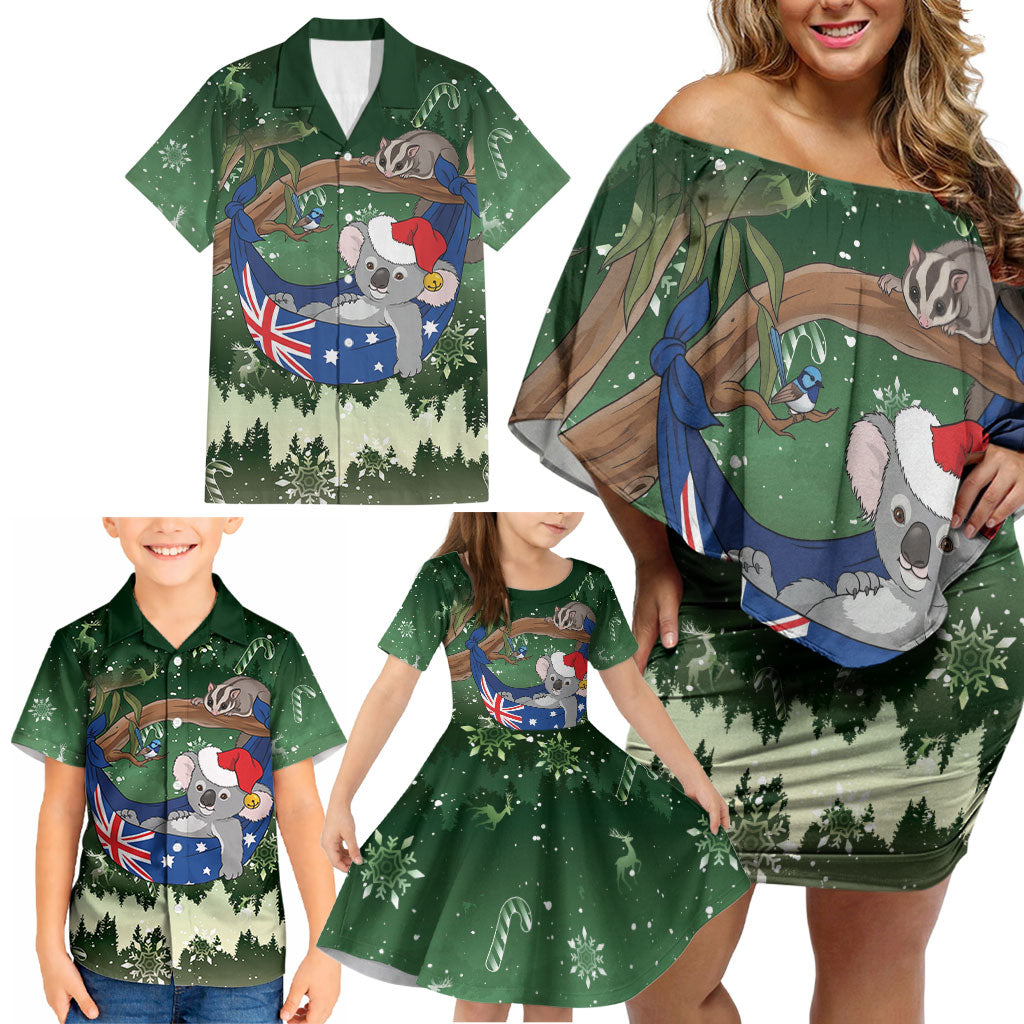 Aussie Festive Koala Christmas Family Matching Off Shoulder Short Dress and Hawaiian Shirt Koala-ty Time Flag Hammock Green Style