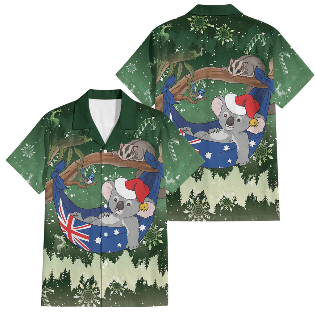 Aussie Festive Koala Christmas Family Matching Off Shoulder Short Dress and Hawaiian Shirt Koala-ty Time Flag Hammock Green Style