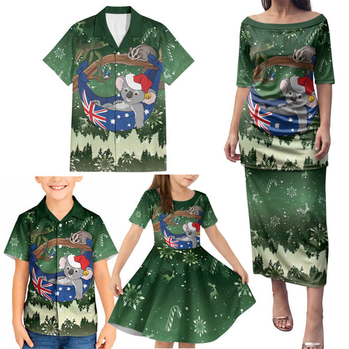 Aussie Festive Koala Christmas Family Matching Puletasi and Hawaiian Shirt Koala-ty Time Flag Hammock Green Style