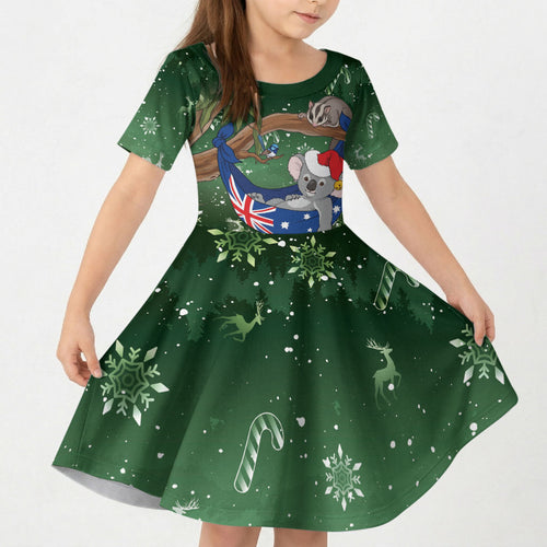 Aussie Festive Koala Christmas Kid Short Sleeve Dress Koala-ty Time Flag Hammock Green Style