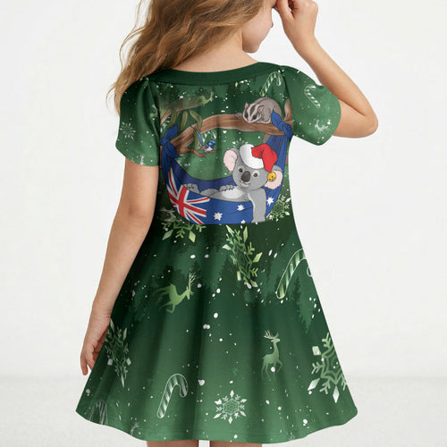 Aussie Festive Koala Christmas Kid Short Sleeve Dress Koala-ty Time Flag Hammock Green Style