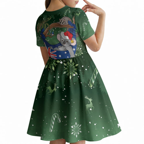 Aussie Festive Koala Christmas Kid Short Sleeve Dress Koala-ty Time Flag Hammock Green Style