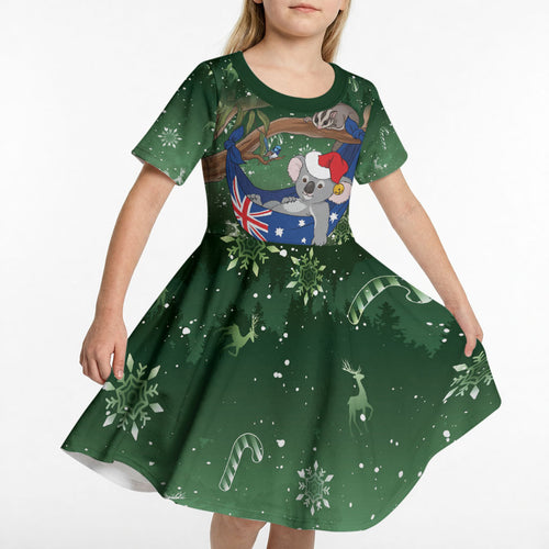 Aussie Festive Koala Christmas Kid Short Sleeve Dress Koala-ty Time Flag Hammock Green Style