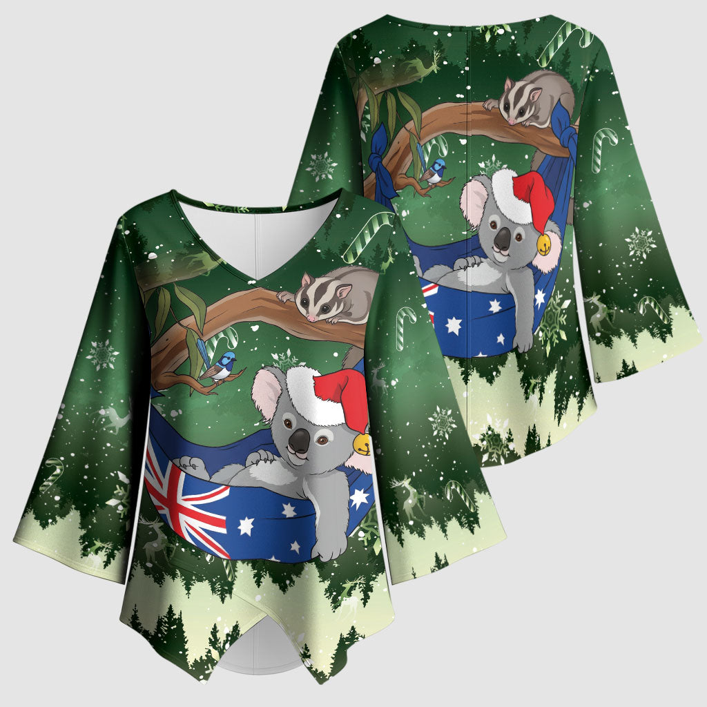 Aussie Festive Koala Christmas Kimono Sleeve Blouse Koala-ty Time Flag Hammock Green Style