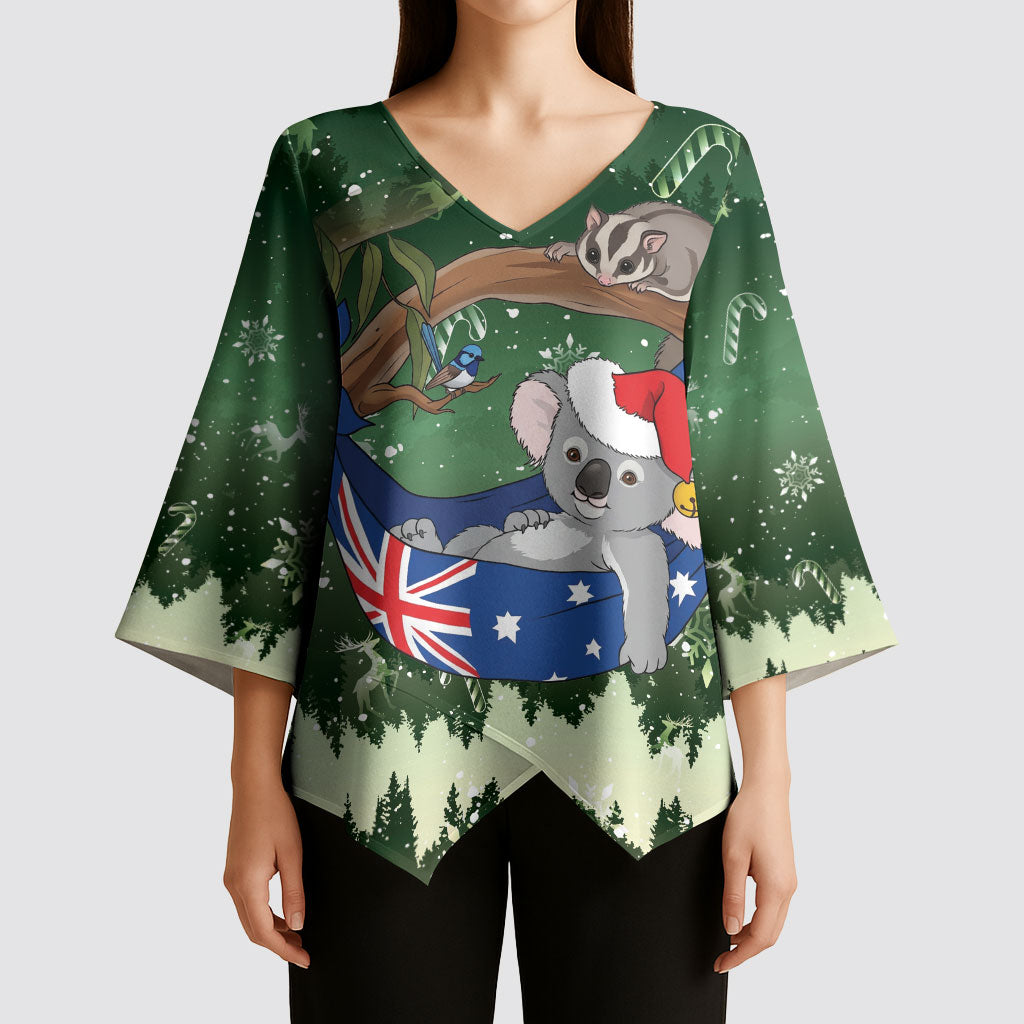 Aussie Festive Koala Christmas Kimono Sleeve Blouse Koala-ty Time Flag Hammock Green Style