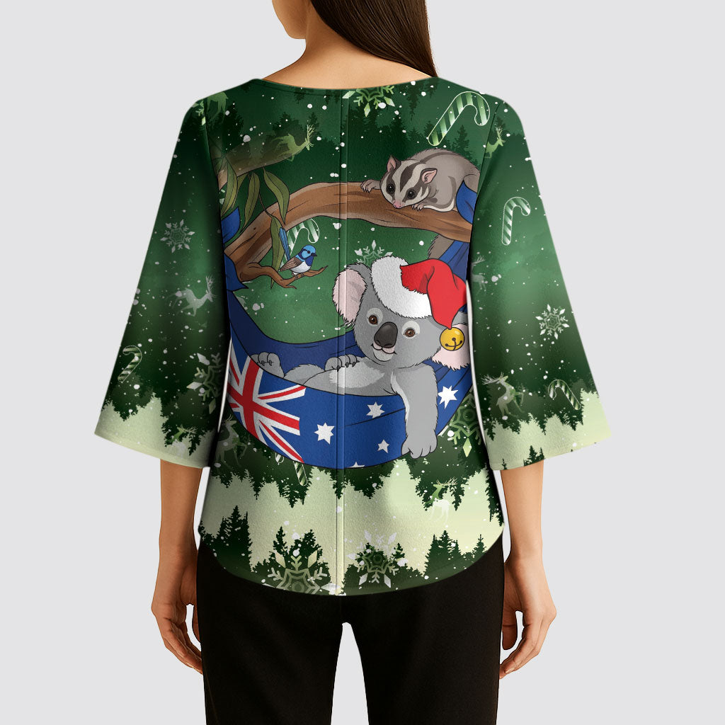 Aussie Festive Koala Christmas Kimono Sleeve Blouse Koala-ty Time Flag Hammock Green Style