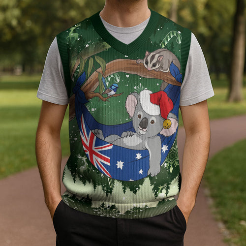 Aussie Festive Koala Christmas Knitted V-Neck Vest Koala-ty Time Flag Hammock Green Style