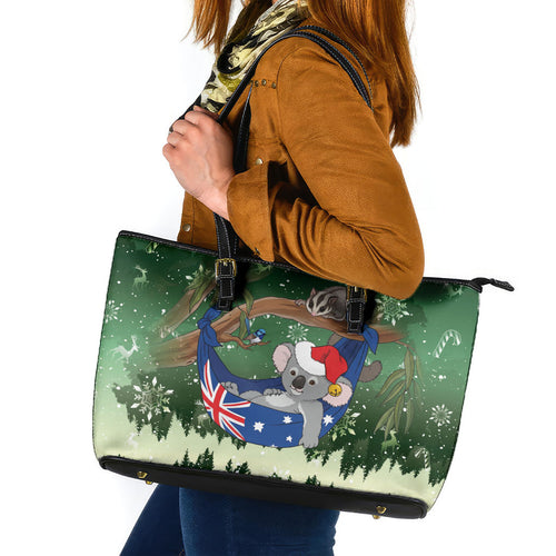 Aussie Festive Koala Christmas Leather Tote Bag Koala-ty Time Flag Hammock Green Style