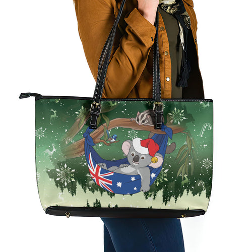 Aussie Festive Koala Christmas Leather Tote Bag Koala-ty Time Flag Hammock Green Style