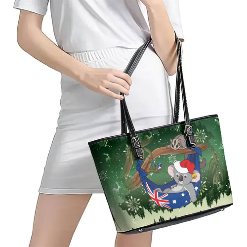 Aussie Festive Koala Christmas Leather Tote Bag Koala-ty Time Flag Hammock Green Style