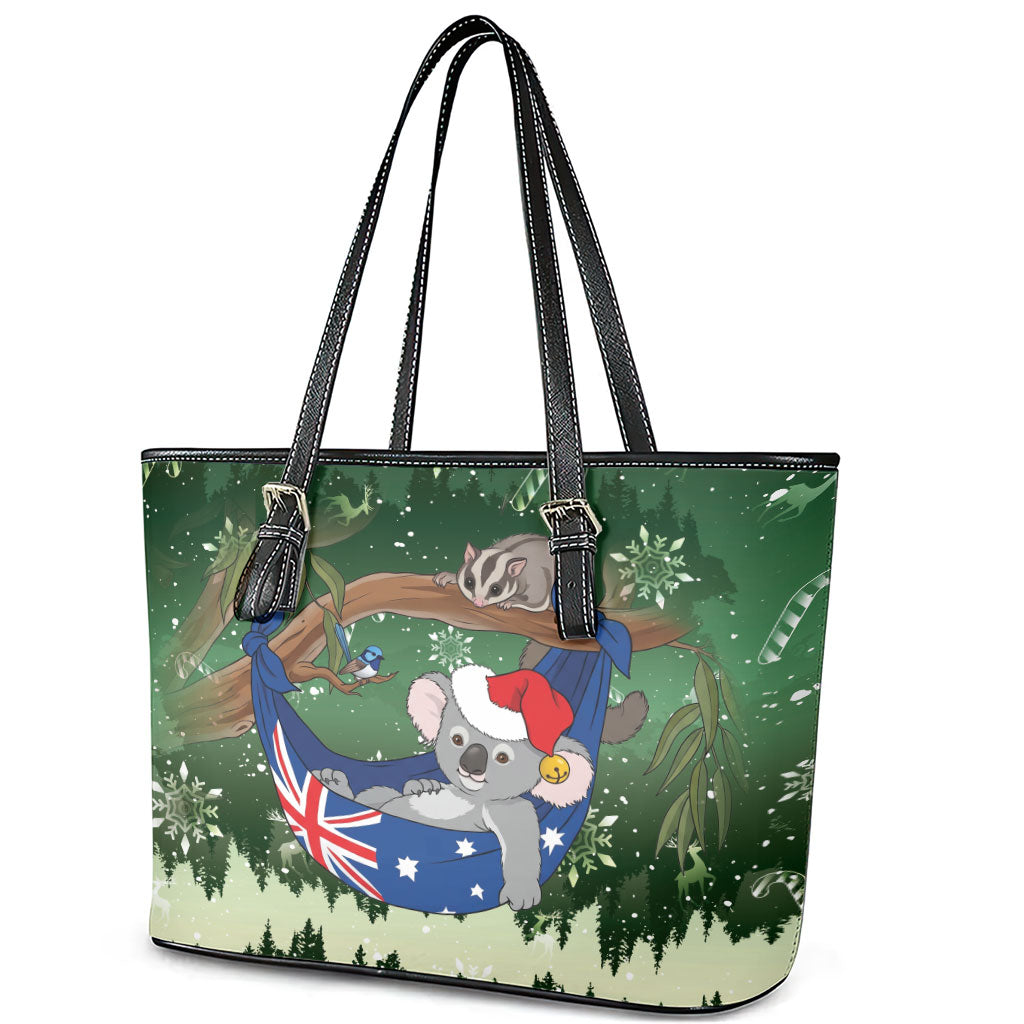 Aussie Festive Koala Christmas Leather Tote Bag Koala-ty Time Flag Hammock Green Style