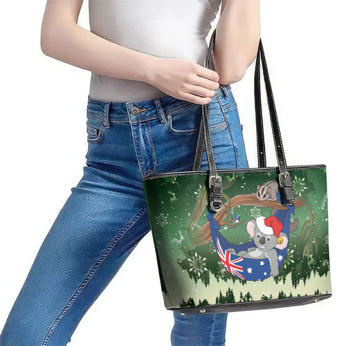 Aussie Festive Koala Christmas Leather Tote Bag Koala-ty Time Flag Hammock Green Style