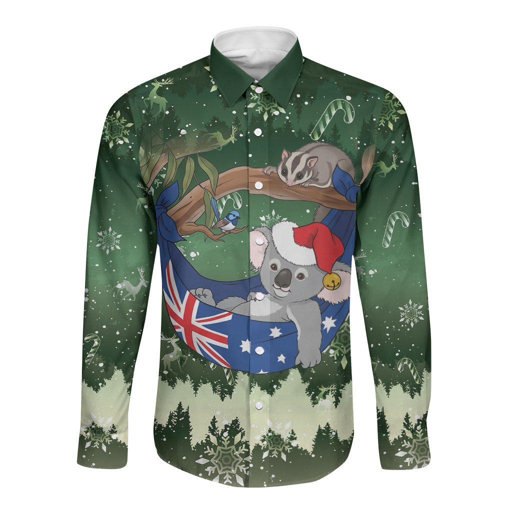 Aussie Festive Koala Christmas Long Sleeve Button Shirt Koala-ty Time Flag Hammock Green Style