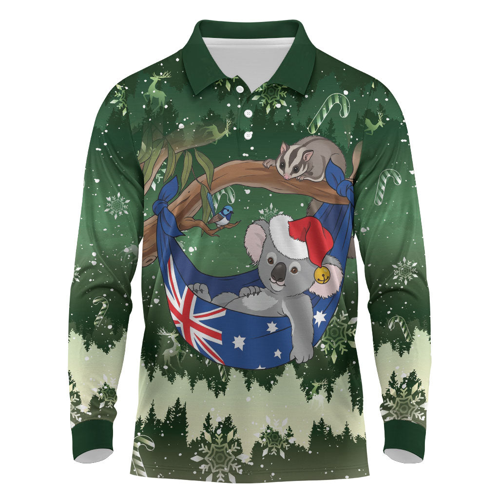 Aussie Festive Koala Christmas Long Sleeve Polo Shirt Koala-ty Time Flag Hammock Green Style