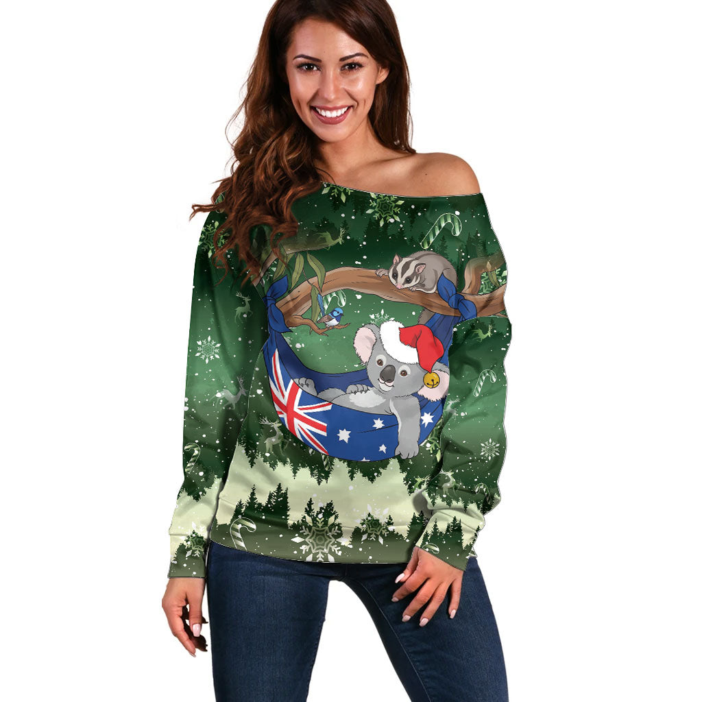 Aussie Festive Koala Christmas Off Shoulder Sweater Koala-ty Time Flag Hammock Green Style