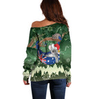 Aussie Festive Koala Christmas Off Shoulder Sweater Koala-ty Time Flag Hammock Green Style