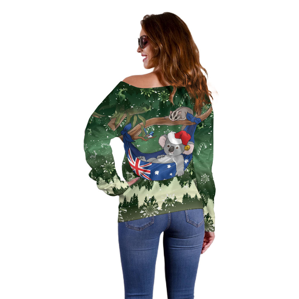 Aussie Festive Koala Christmas Off Shoulder Sweater Koala-ty Time Flag Hammock Green Style