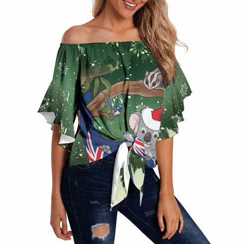 Aussie Festive Koala Christmas Off Shoulder Wrap Waist Top Koala-ty Time Flag Hammock Green Style