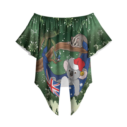 Aussie Festive Koala Christmas Off Shoulder Wrap Waist Top Koala-ty Time Flag Hammock Green Style