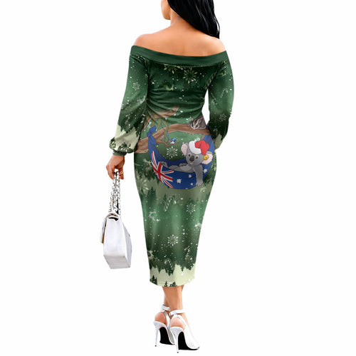Aussie Festive Koala Christmas Off The Shoulder Long Sleeve Dress Koala-ty Time Flag Hammock Green Style