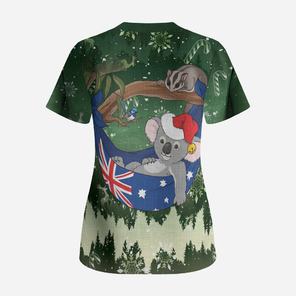 Aussie Festive Koala Christmas Scrub Top Koala-ty Time Flag Hammock Green Style