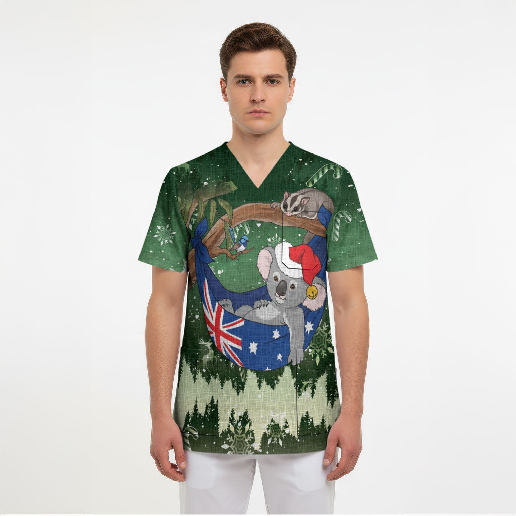 Aussie Festive Koala Christmas Scrub Top Koala-ty Time Flag Hammock Green Style