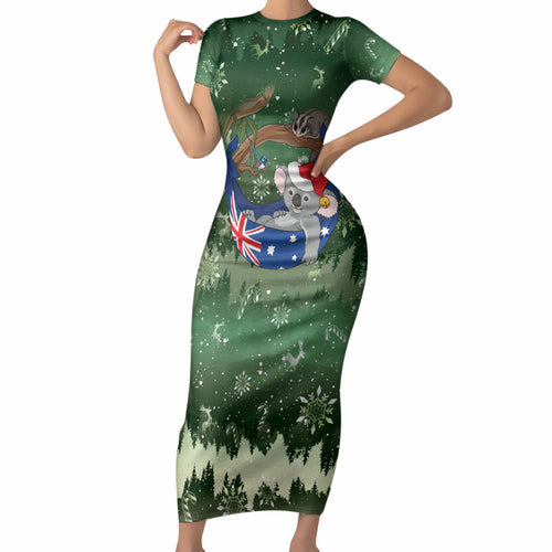 Aussie Festive Koala Christmas Short Sleeve Bodycon Dress Koala-ty Time Flag Hammock Green Style