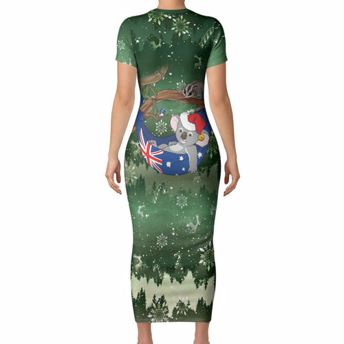 Aussie Festive Koala Christmas Short Sleeve Bodycon Dress Koala-ty Time Flag Hammock Green Style
