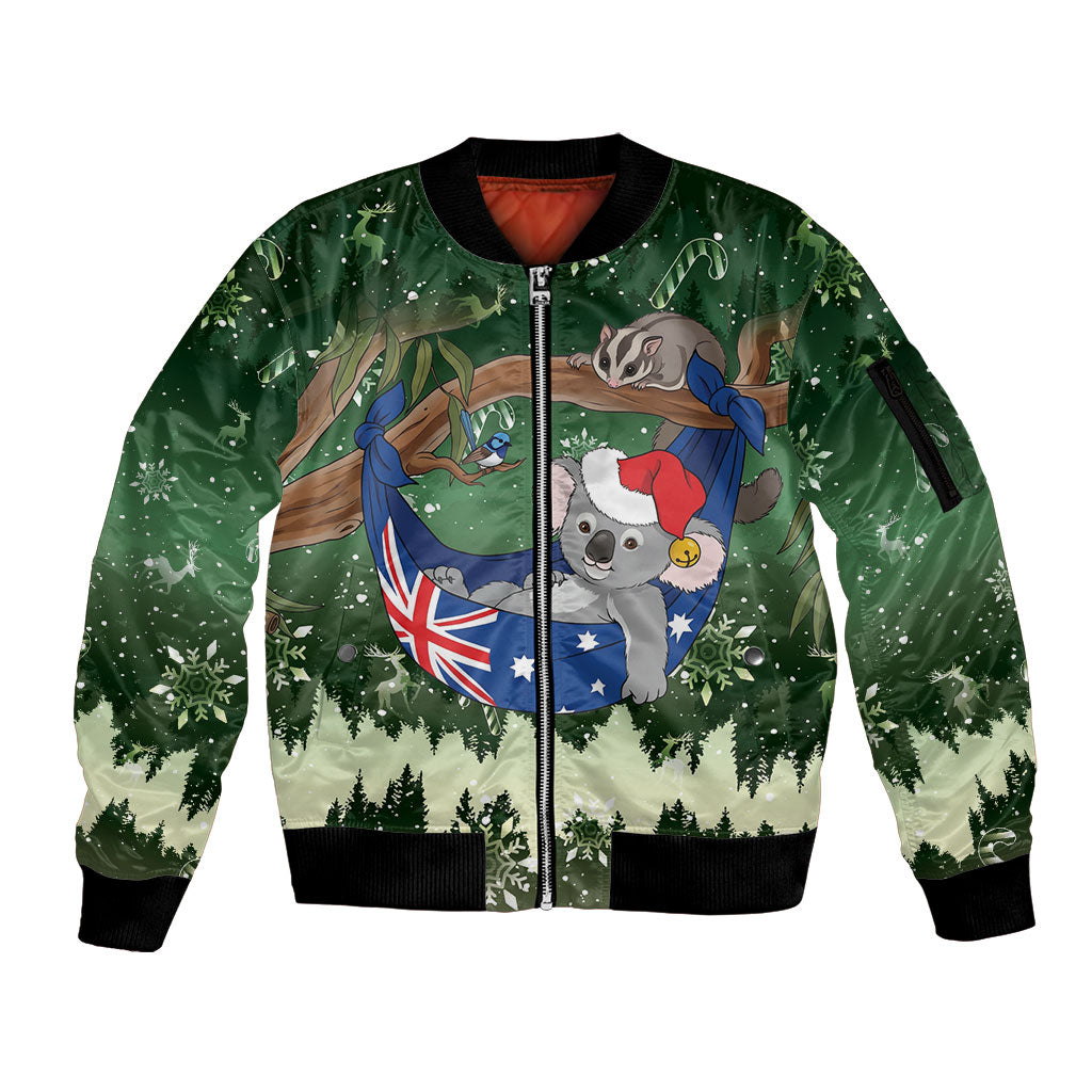 Aussie Festive Koala Christmas Sleeve Zip Bomber Jacket Koala-ty Time Flag Hammock Green Style