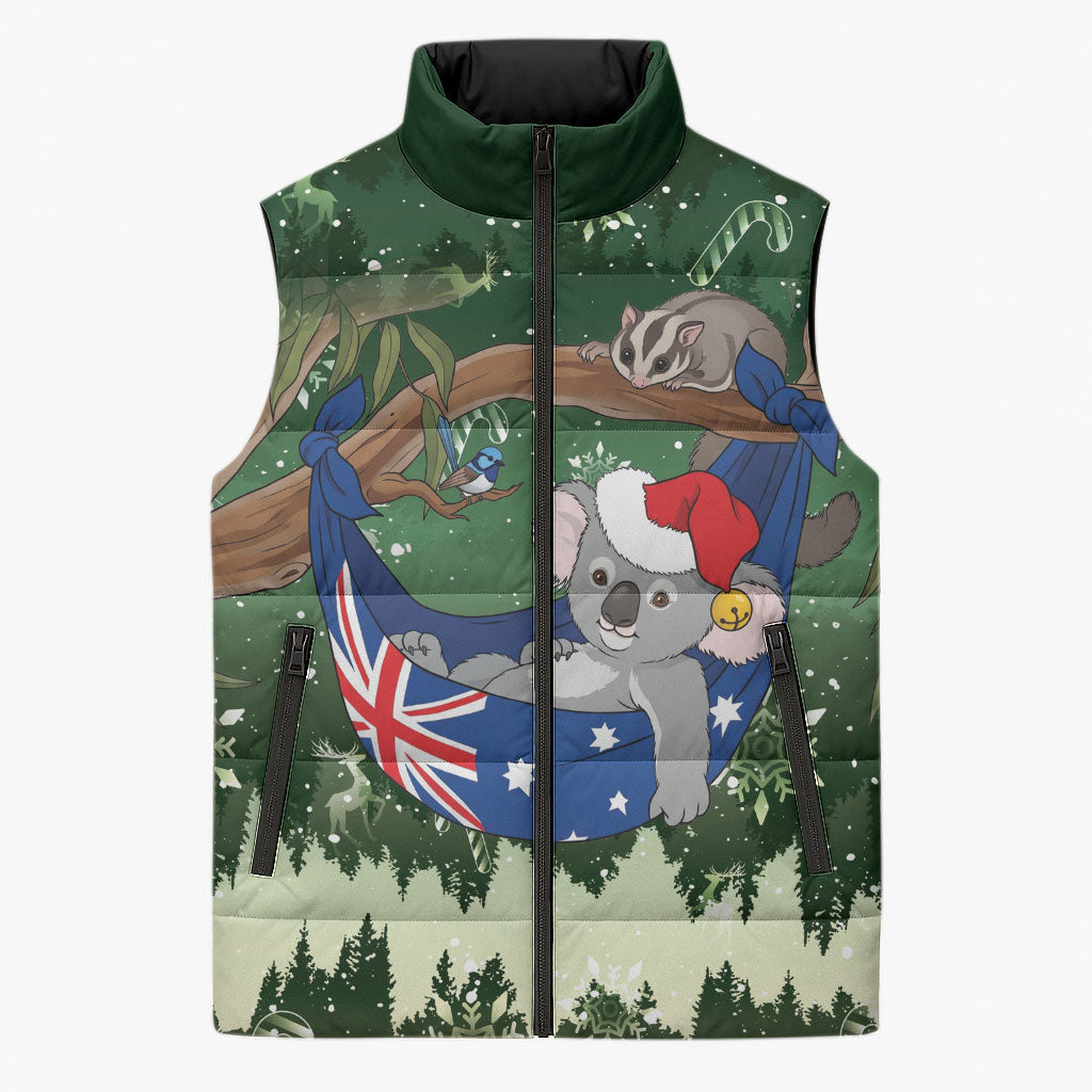 Aussie Festive Koala Christmas Sleeveless Puffer Jacket Koala-ty Time Flag Hammock Green Style