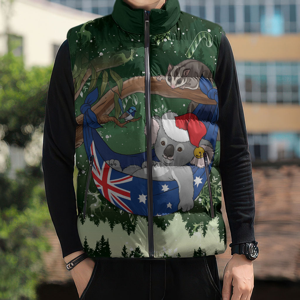 Aussie Festive Koala Christmas Sleeveless Puffer Jacket Koala-ty Time Flag Hammock Green Style