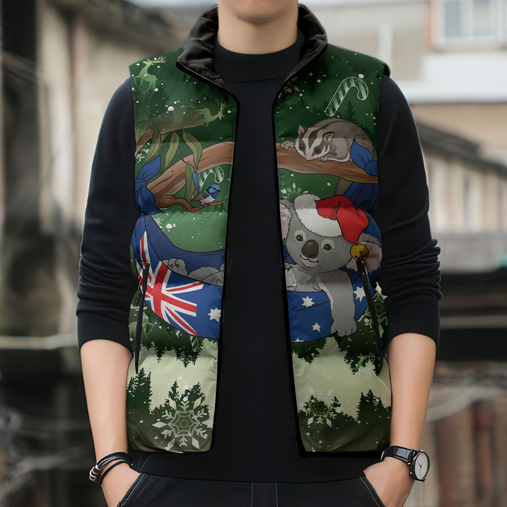 Aussie Festive Koala Christmas Sleeveless Puffer Jacket Koala-ty Time Flag Hammock Green Style