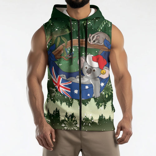 Aussie Festive Koala Christmas Sleeveless Zip Hoodie Koala-ty Time Flag Hammock Green Style