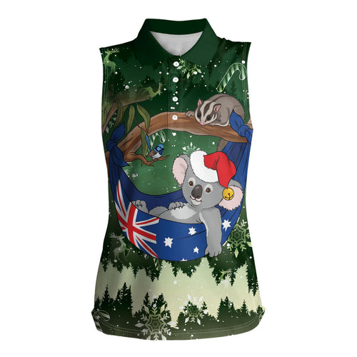 Aussie Festive Koala Christmas Women Sleeveless Polo Shirt Koala-ty Time Flag Hammock Green Style