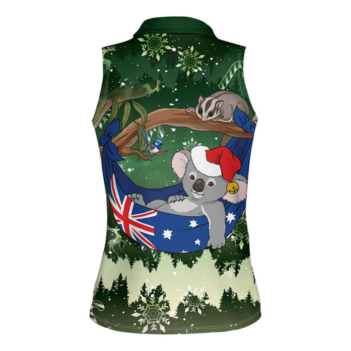 Aussie Festive Koala Christmas Women Sleeveless Polo Shirt Koala-ty Time Flag Hammock Green Style