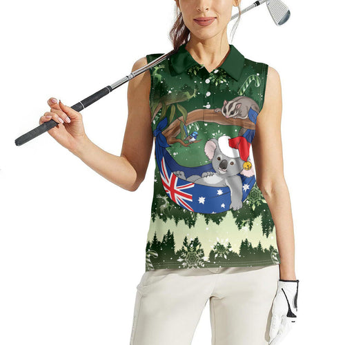 Aussie Festive Koala Christmas Women Sleeveless Polo Shirt Koala-ty Time Flag Hammock Green Style