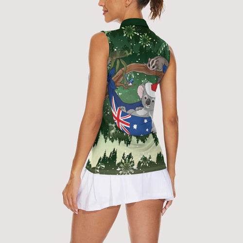 Aussie Festive Koala Christmas Women Sleeveless Polo Shirt Koala-ty Time Flag Hammock Green Style