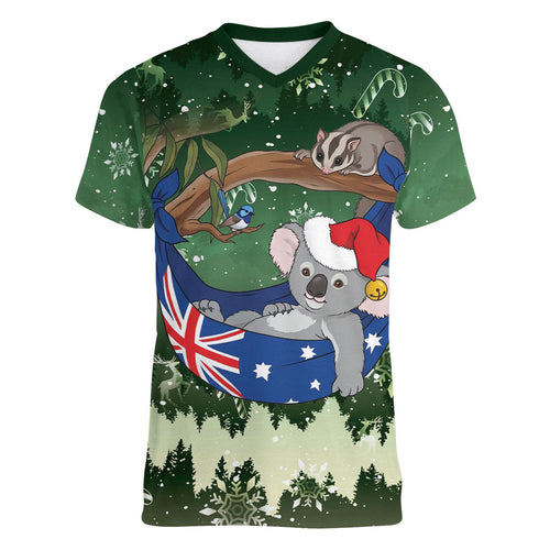 Aussie Festive Koala Christmas Women V-Neck T-Shirt Koala-ty Time Flag Hammock Green Style