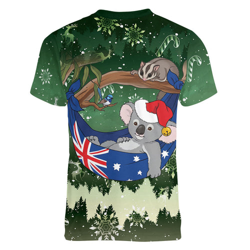 Aussie Festive Koala Christmas Women V-Neck T-Shirt Koala-ty Time Flag Hammock Green Style
