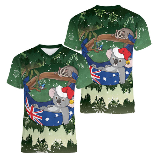 Aussie Festive Koala Christmas Women V-Neck T-Shirt Koala-ty Time Flag Hammock Green Style