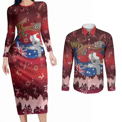 Aussie Festive Koala Christmas Couples Matching Long Sleeve Bodycon Dress and Long Sleeve Button Shirt Koala-ty Time Flag Hammock Red Style